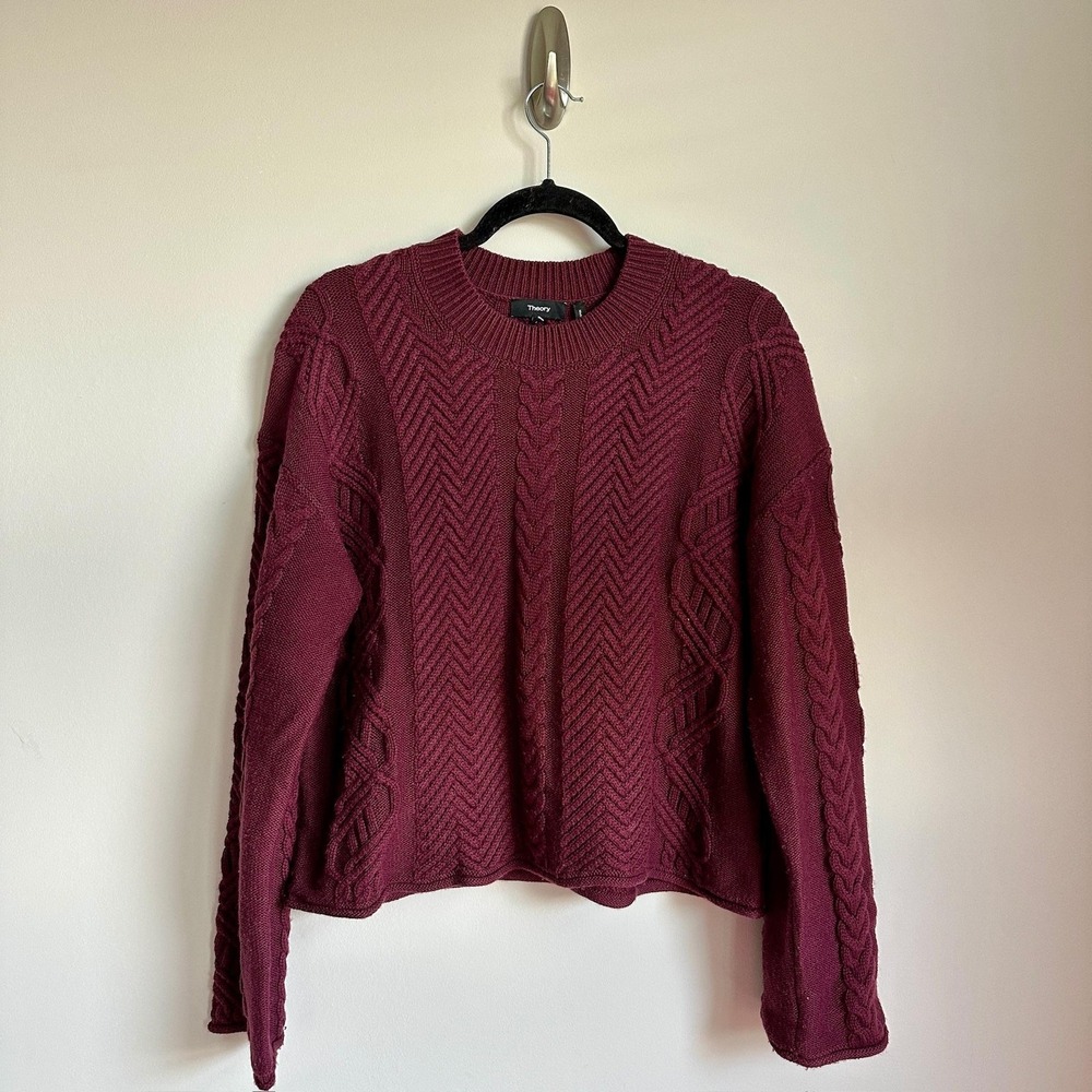 Theory Sweater Womens Small‎ Burgundy Cable Knit Wool Cashmere Cropped NWT